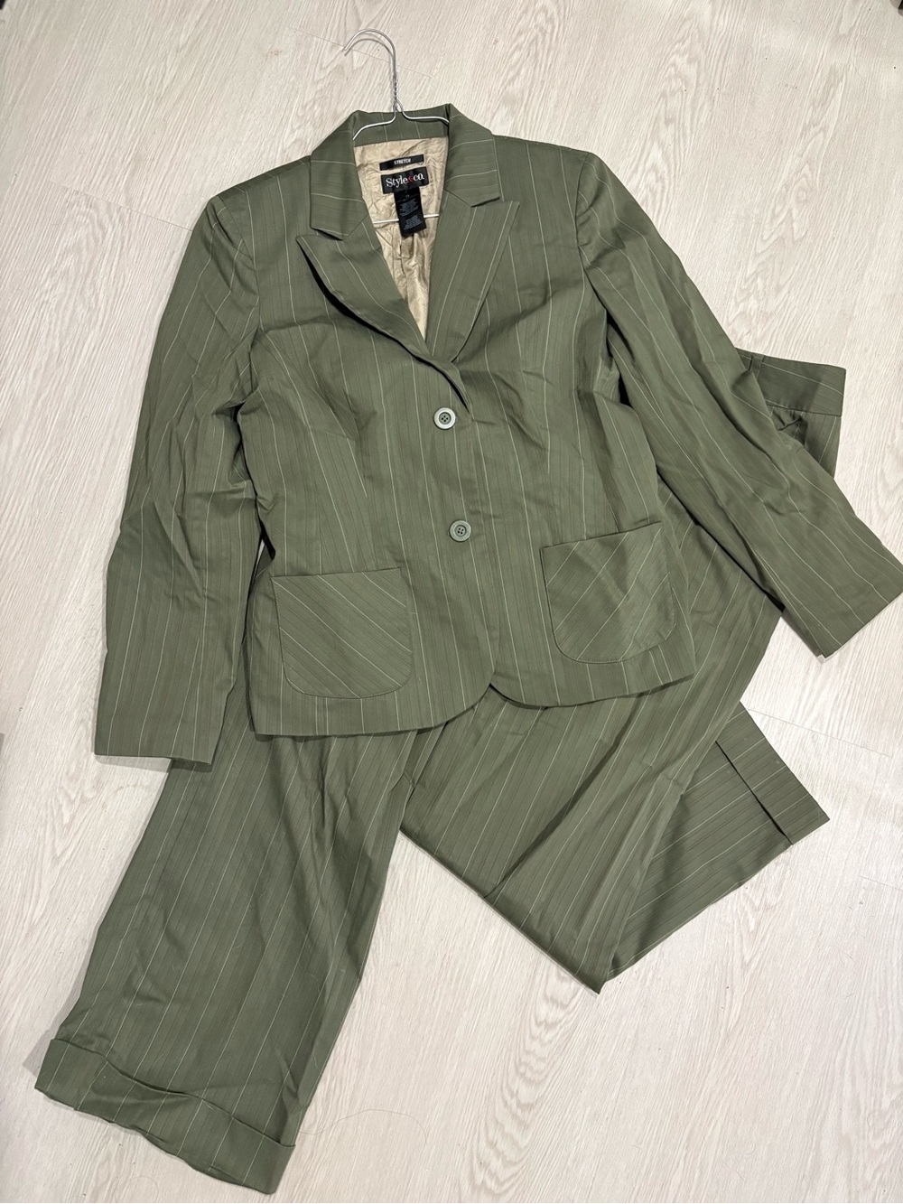 Style & Co. Olive Pinstripe Women's Blazer & Pants Set